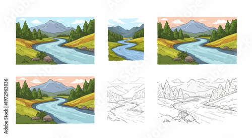 Set of six hand-drawn river landscape illustrations featuring a winding stream through a mountain valley with pine trees, including color versions and black and white line art.