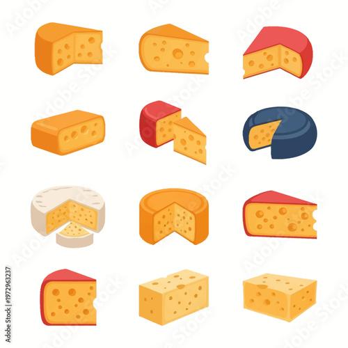 Flat vector illustration set of diverse cheese types including Swiss with holes, gouda wheels with red wax rinds, cheddar blocks, and brie wedges isolated on a white background.