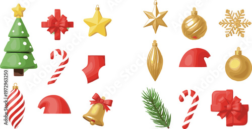 Christmas decoration collection with tree, ornaments, candy canes, and festive elements in colorful holiday vector illustration set