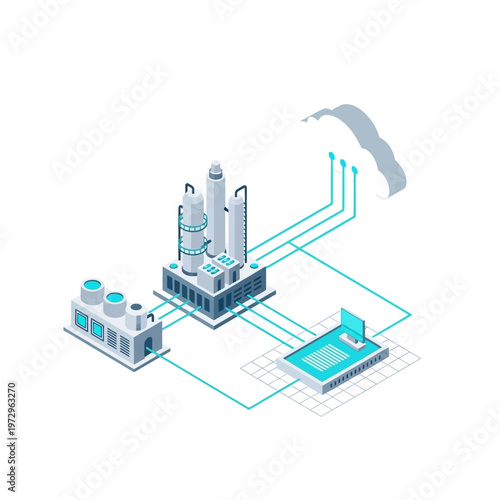 Modern Industrial Factory with Digital Network Connections.