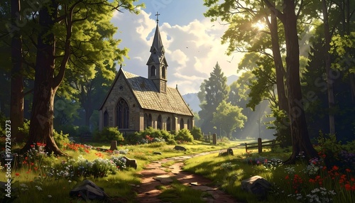 A serene church surrounded by lush greenery and vibrant flowers