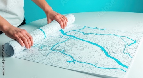 Professional Hands Unrolling Blue Print Map on White Table
