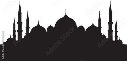 Black silhouette of a mosque with domes and minarets
