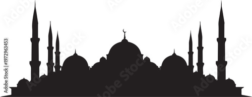 Black silhouette of a mosque with domes and minarets