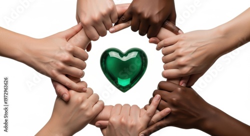Diverse Hands Form Circle Around Green Heart Symbol