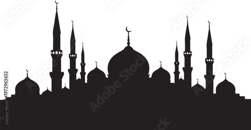 Black silhouette of a mosque with multiple domes and minarets
