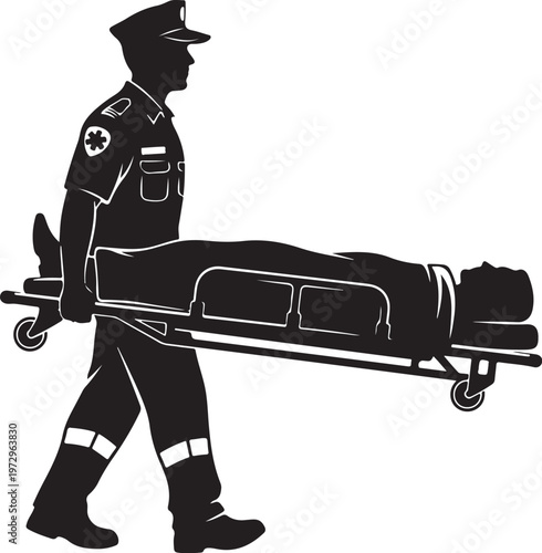 Black silhouette of a paramedic carrying a patient on a stretcher