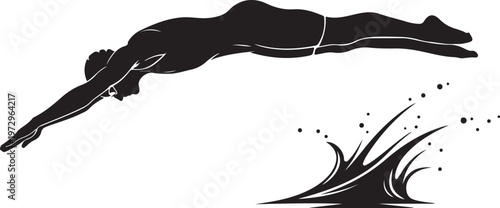 Black silhouette of a person diving into water with splash
