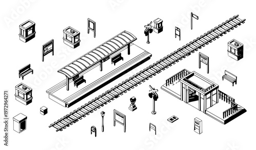 Isometric railway station scene with 45 degree shadows detailed city transport element for map and infographic design