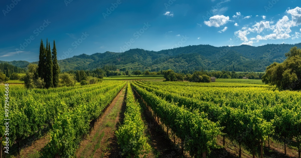 Naklejka premium Expansive Vineyard Landscape Under a Bright Blue Sky with Rolling Hills.