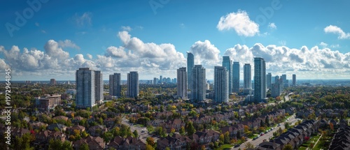 Panoramic aerial view of a modern city skyline with tall skyscrapers and lush green trees under a blue sky with clouds.