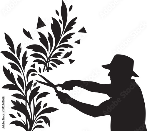 Black silhouette of a person pruning a plant with scissors