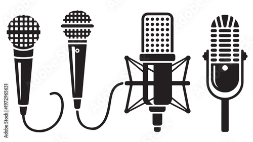 Microphones Line Art Set with Studio, Podcast and Broadcast Audio Designs Isolated on White