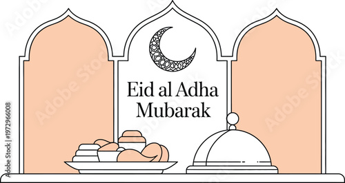 A stylized illustration of a mosque entrance with three arches and  isolated on white background