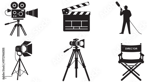 Film Production Icons Black and White Movie Making Equipment Crew Vector
