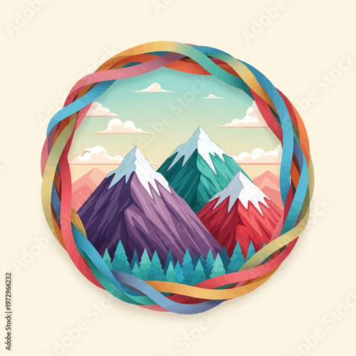 Vector graphic of snow-capped mountains with pine forest, enclosed in a round frame of braided multicolored ribbons, featuring a flat paper-cut style on a light background.