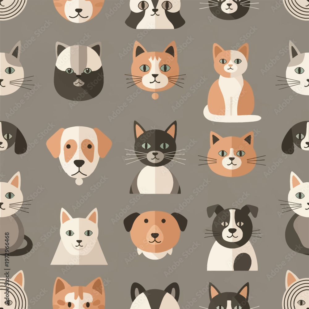 Obraz premium Seamless pattern of flat design pet faces and bodies featuring various cat and dog breeds in muted earth tones of brown, beige, and grey with a minimalist geometric vector aesthetic.