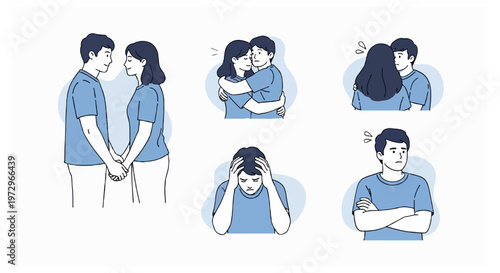 Five illustrations showing various emotional poses of a young couple.