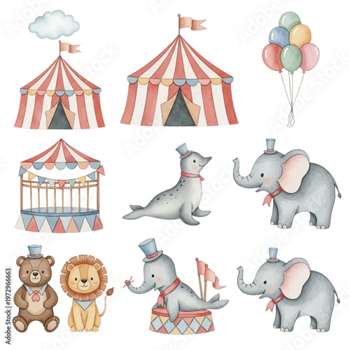 Watercolor circus illustration set featuring red and white striped big top tents, performing elephants with top hats, seals, a lion, a bear, colorful balloons, and an arena stage.