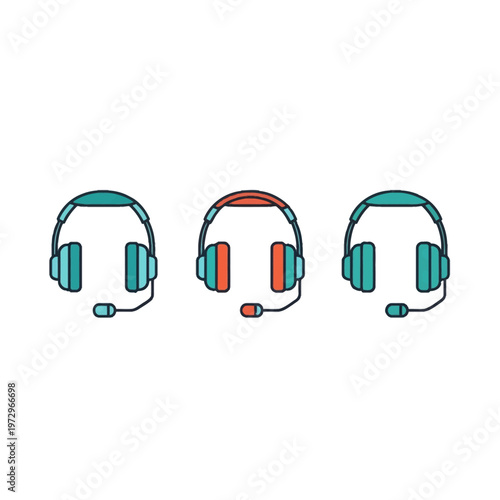 Three stylized line art icons of headsets with microphones in teal and orange colors, isolated on white background, for customer support, gaming, and professional telecommunication concepts.