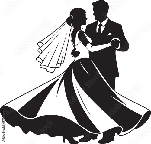 Black silhouette of bride and groom dancing white