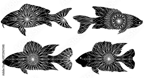 Abstract Koi Fish Silhouettes with Intricate Patterns, Black and White