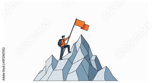 Hiker with a backpack planting an orange flag on a mountain summit.