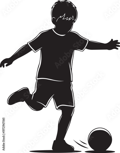 Black silhouette of boy kicking soccer ball white background