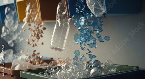 Blue Plastic Shards Falling Into Recycling Bin with Glass Pieces