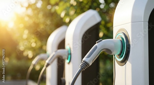 Row of EV chargers in morning light