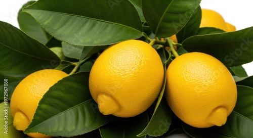 Bright Fresh Lemons with Green Leaves on White Background