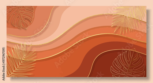 Abstract wavy background with golden tropical leaves, warm earth tones, elegant design