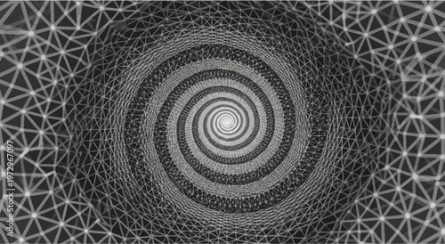 Abstract spiral vortex tunnel with geometric network pattern, digital art