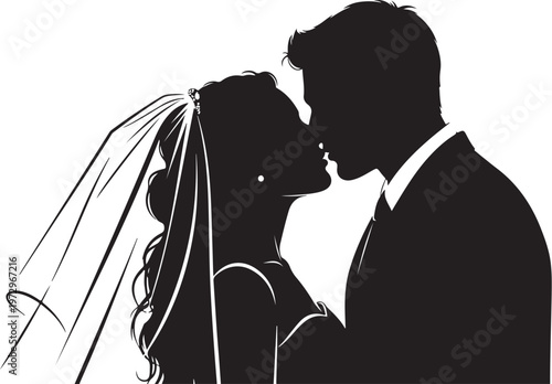 Black silhouette of bride and groom kissing couple