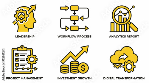 Business Growth Icons: Leadership, Workflow, Analytics, Project Management, Investment, Digital Transformation