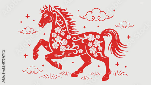 A Traditional Chinese Paper-Cut Art Design of a Red Horse Adorned with Floral Patterns