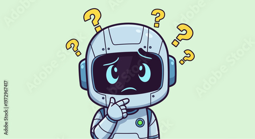 Confused robot thinking with question marks above head, artificial intelligence concept