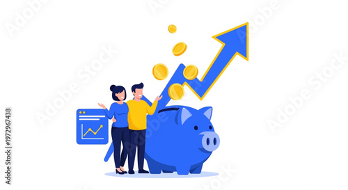 Couple saving money in piggy bank with growing arrow and coins, financial growth concept