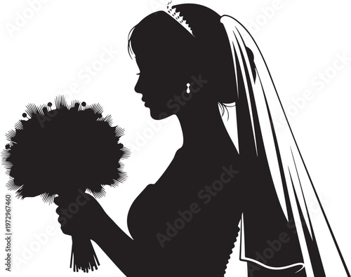 Black silhouette of bride holding bouquet and wearing veil