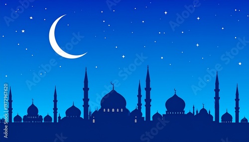 Serene mosque silhouette under starry night sky with crescent moon