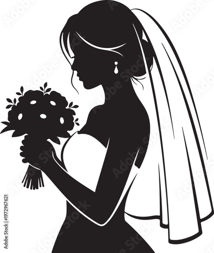 Black silhouette of bride holding bouquet and wearing veil