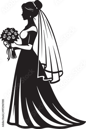 Black silhouette of bride in wedding dress holding bouquet