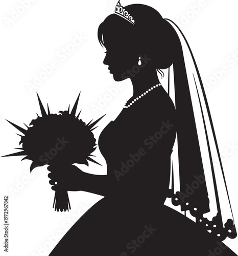 Black silhouette of bride wearing tiara and holding bouquet