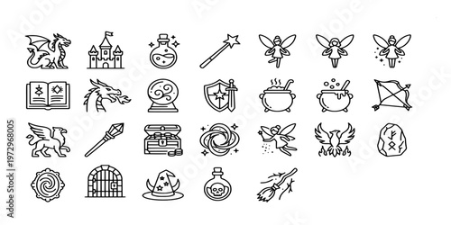 icon liner set collection of mythical creatures, magic spells, medieval fantasy elements, potions, and enchanted objects for gaming and storytelling designs.