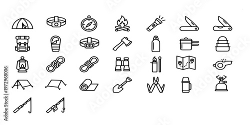 icon liner set collection of camping gear, hiking equipment, survival tools, and outdoor adventure accessories for wilderness exploration and travel layouts.