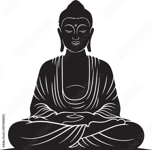 Black silhouette of buddha sitting cross-legged with white outlines