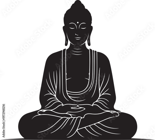 Black silhouette of buddha sitting in meditation white lines