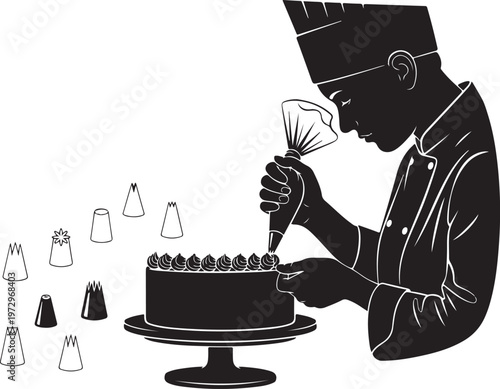Black silhouette of chef decorating chocolate cake with icing