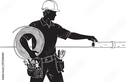 Black silhouette of construction worker wearing hard hat holding pipe and coil of tubing
