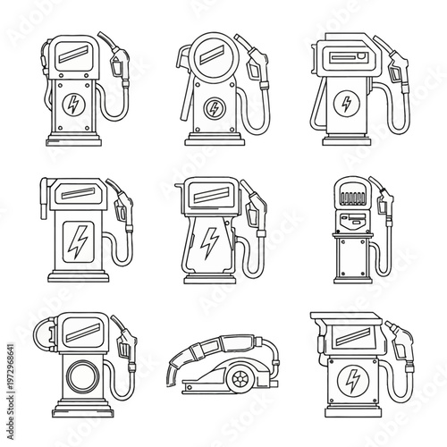 Set of nine black and white outline icons depicting fuel pumps and electric vehicle charging stations. Vector illustration of gas station dispensers and EV power supply units on white.